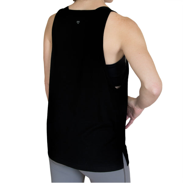 Fit For Barre Signature Muscle Tank with silver foil text on a black barre tank.