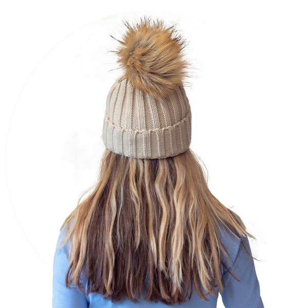 Fit For Barre Detachable Faux Fur Pom Pom Hats in black and tan colors. Each sold separately or purchase both and save.