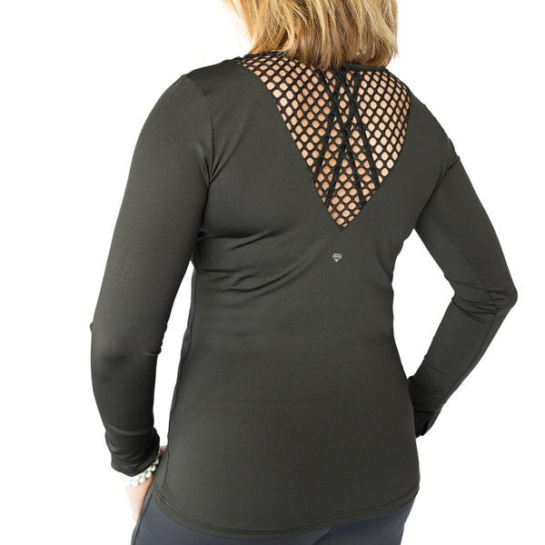 Fit For Barre Mesh Cut Out Top in a fitted black long sleeve style, accented with thumbhole sleeves and mesh cut outs.