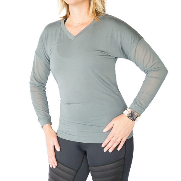Fit For Barre V Neck fitted top in a grey bamboo blend fabric, accented with mesh sleeves.
