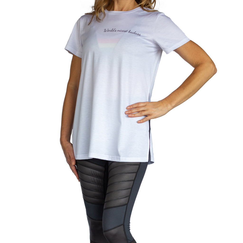 World's Nicest Badass Short Sleeve White Top With High Side Slits From Fit For Barre