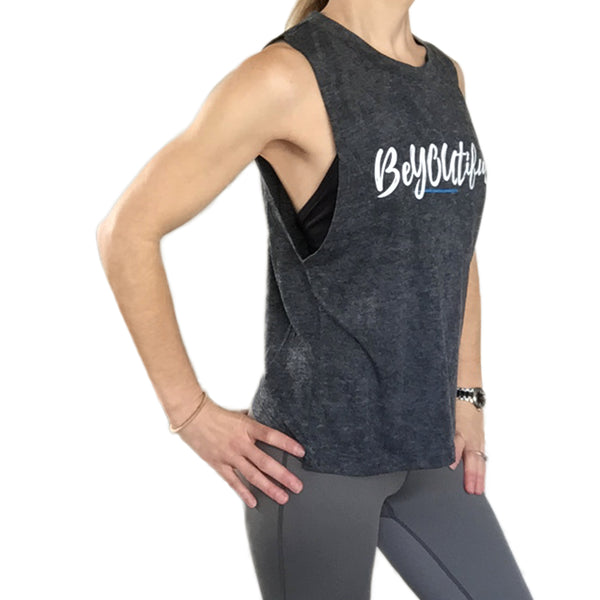 Fit For Barre Beyoutiful distressed grey tank.