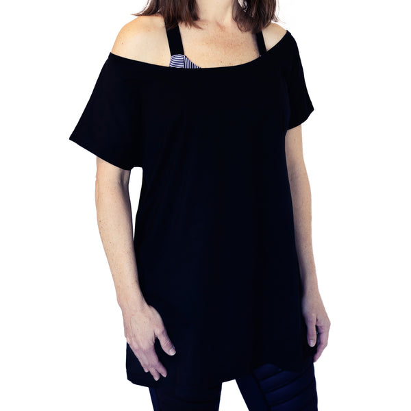 Fit For Barre Off The Shoulder Tunic designed in a cotton black fabric that can be worn long or tied up for a more fitted look.