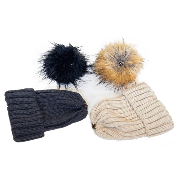 Fit For Barre Detachable Faux Fur Pom Pom Hats in black and tan colors. Each sold separately or purchase both and save.
