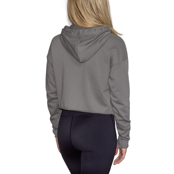 Fit For Barre Cropped Sweatshirt in grey with unfinished edges and includes a hood and a drawstring hoodie.