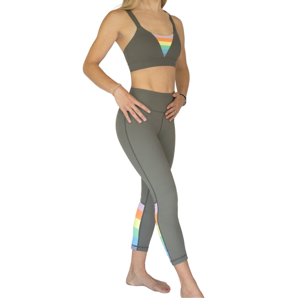 Fit For Barre Rainbow Sports Bra in grey, accented with double straps in the back and rainbow design in the front. Rainbow Block Legging sold separately.