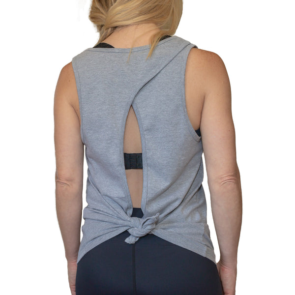 Fit For Barre Open Back Flowy Tank with gold foil print of "I Barre For Fun". Comes in black or heather grey and can be tied in the back for a more fitted style.