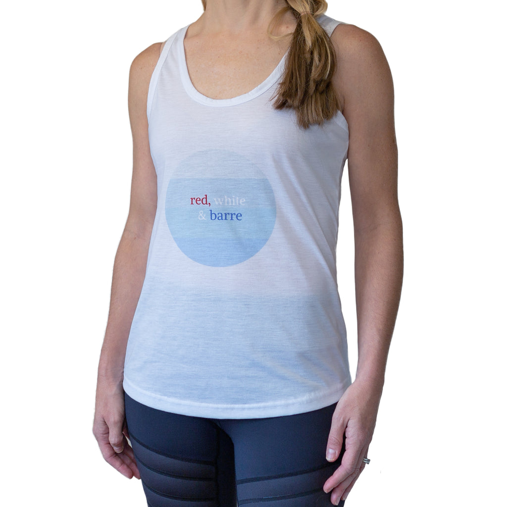 Fit For Barre white tank with a 'Red, White & Barre' sublimation print design on the front.