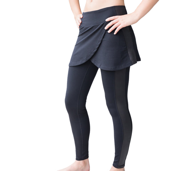 Fit For Barre Studio Skirted Legging in black fabric, accented with flowy split skirt and faux leather side stripe on each leg.