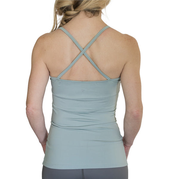Fit For Barre Intricate Weave Tank with criss cross back and weaving around bust area. Designed in a grey (with green undertones) polyester blend fabric. 