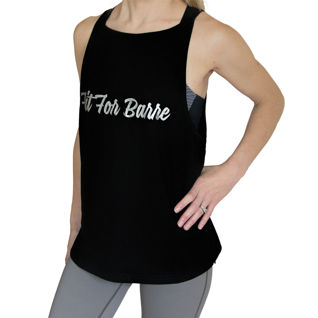 Fit For Barre Signature Muscle Tank with silver foil text on a black barre tank.
