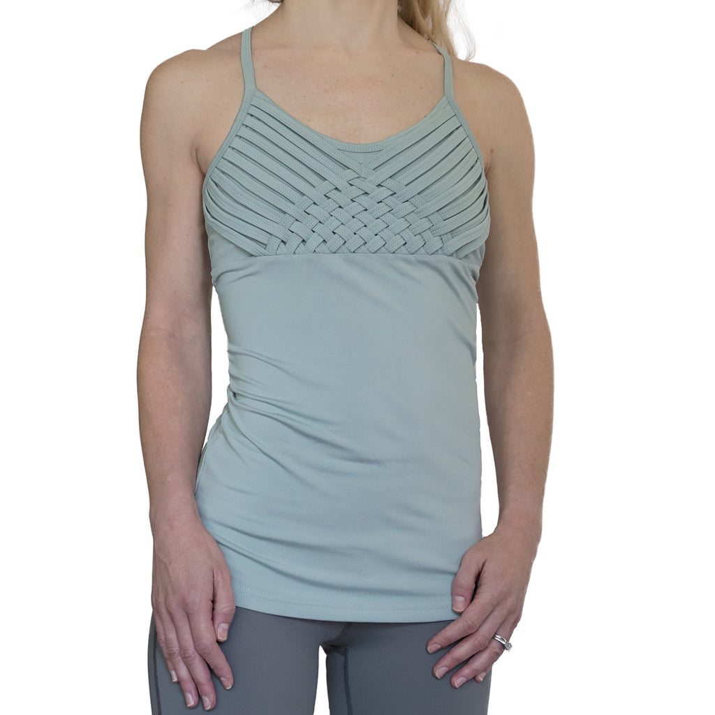 Fit For Barre Intricate Weave Tank with criss cross back and weaving around bust area. Designed in a grey (with green undertones) polyester blend fabric. 