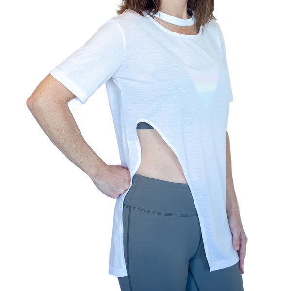 Fit For Barre Side View Tee accented by an asymmetrical side slit and rounded neckline. A great design for barre, beach or brunch.