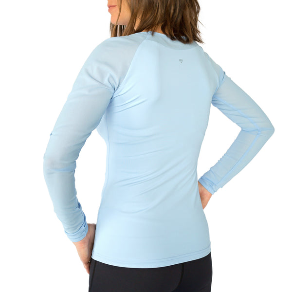 Fit For Barre Fitted Long Mesh Sleeve Top in a periwinkle blue, buttery soft,  polyester blend fabric.