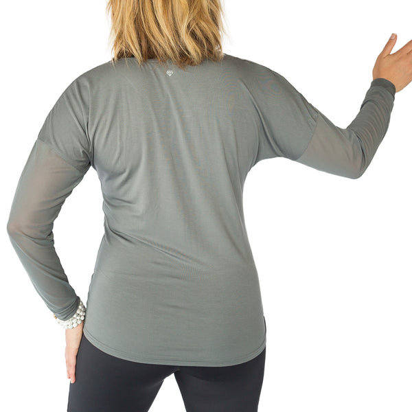 Fit For Barre V Neck fitted top in a grey bamboo blend fabric, accented with mesh sleeves.